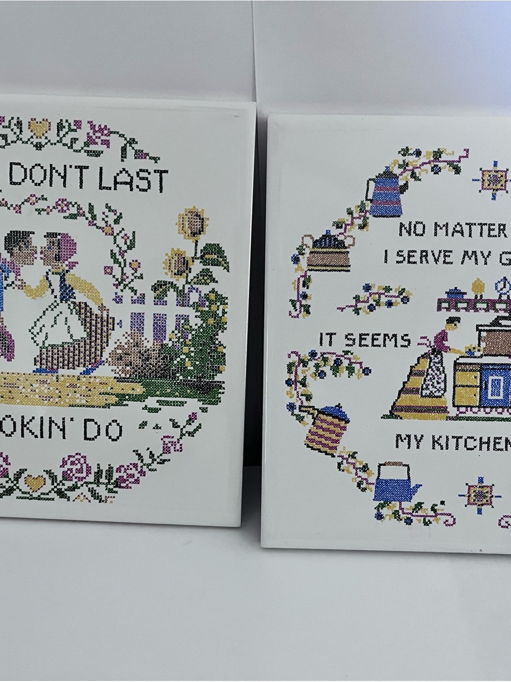 Vintage-Style White Cross-Stitch Kitchen Wall Art - Set of 2